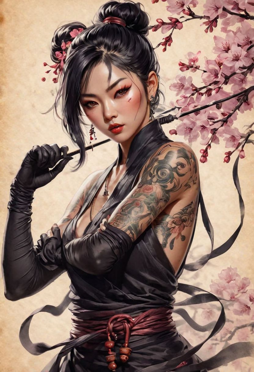 ink illustration on parchment, portrait, masterpiece, high resolution, A demon-hunter ninja, Asian, woman, Japanese aesthetics, bronze jewelry, tattoos, eye focus, action pose, cherry bloom. BadDream, DEVIL SPAWN.