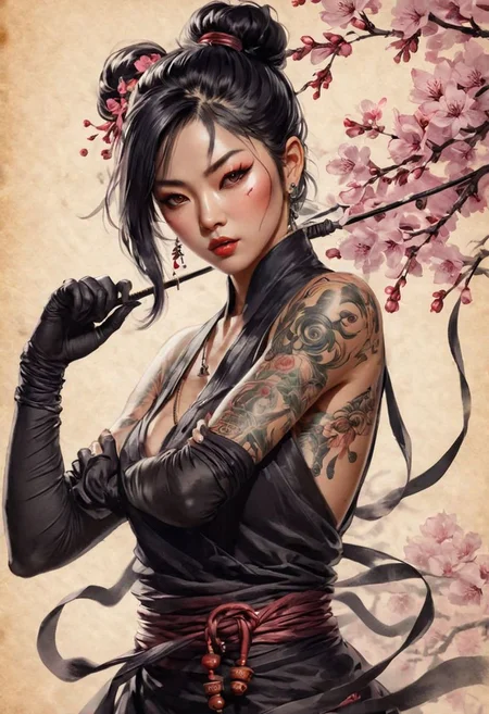 ink illustration on parchment, portrait, masterpiece, high resolution, A demon-hunter ninja, Asian, woman, Japanese aesthetics, bronze jewelry, tattoos, eye focus, action pose, cherry bloom. BadDream, DEVIL SPAWN.