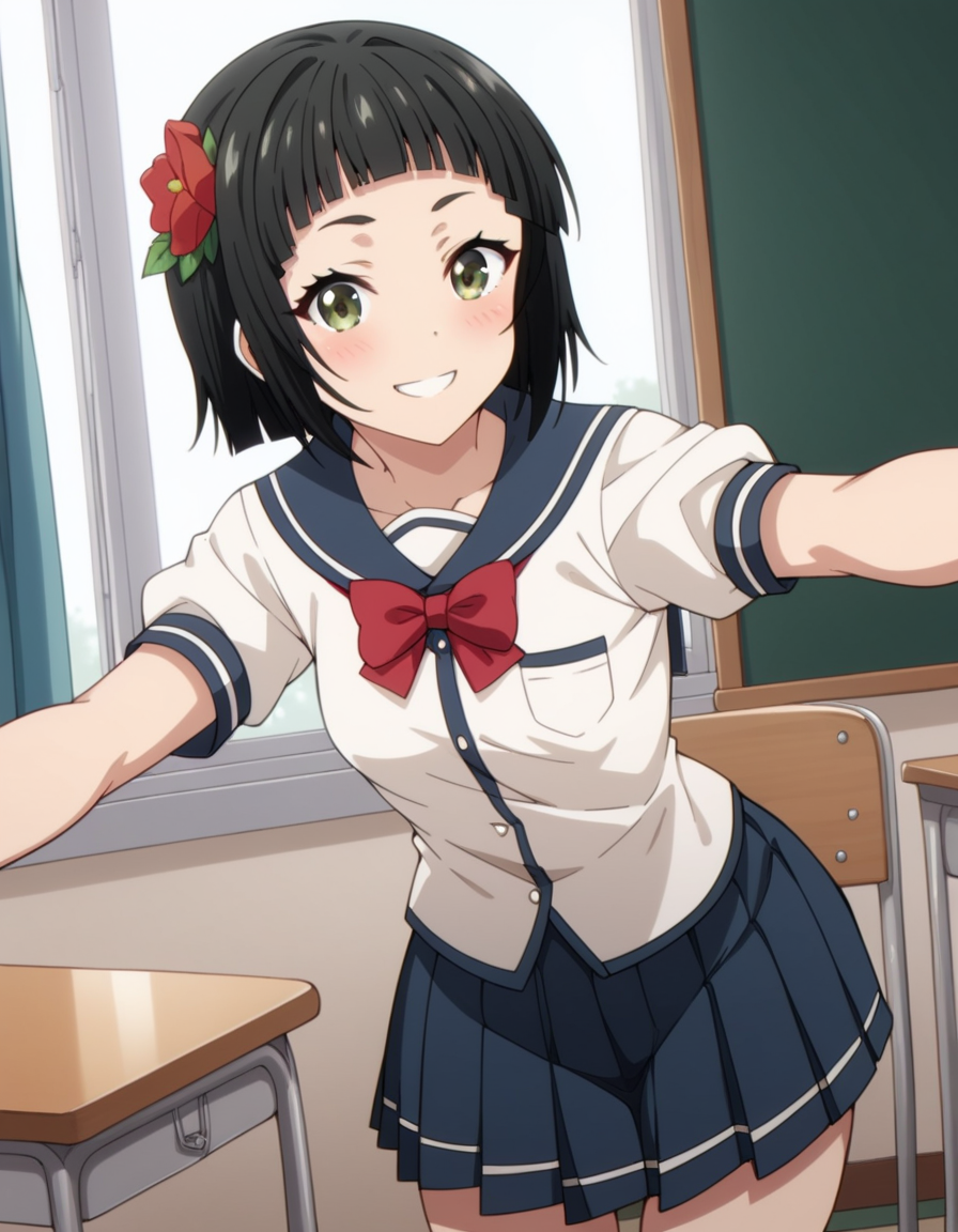 score_9, score_8_up, score_7_up, source_anime, uncensored, <lora:StS_detail_slider_v1:3>, zPDXLxxx, <lora:Chiharu_Youki_PONYXL_VexVexX:1>, ChiharuYouki, 1girl, (brown eyes:1.2), green eyes, black hair, short hair, blunt bangs, hair ornament, hair flower, small breasts, school uniform, serafuku, pleated skirt, red bow, cowboy shot, indoors, from back, Jump mid-air with legs tucked or extended, arms reaching out or bent in dynamic motion, thighs, looking at view, smile,
