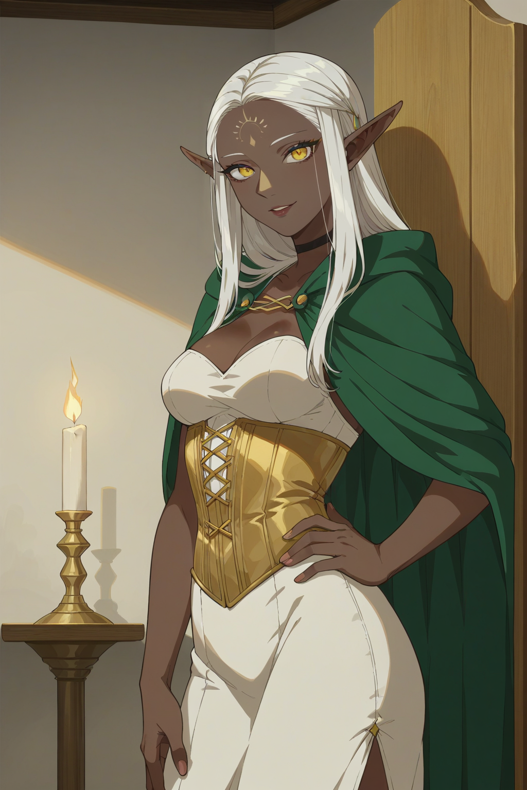 score_9, score_8_up, score_7_up, source_anime, 1girl, prefect lighting, very aesthetic, intricate details, highly detailed background, masterpiece, high quality, prefect hands, solo, 
<lora:Cithis:.75>,pointy ears, elf, forehead mark, dark skin, dark-skinned female, yellow eyes, white hair, Cithis, 
white dress, gold corset, green cloak,
seductive smile, parted lips, standing, hand on own hip, 
Sunny, room, inside, beach, sea, mountains in the background,
(Beautiful, medium Breasts:1.2), natural breasts,