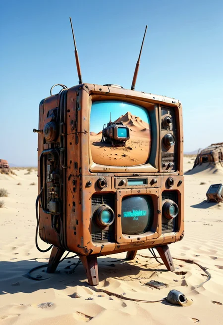 ultra high resolution, masterpiece, best quality, a sci-fi , desert, A (rusty) and (broken) retro TV set buried in the sand, in the style of hyper realistic photography. evi@decrepPunk, no human, post-apocalyptic