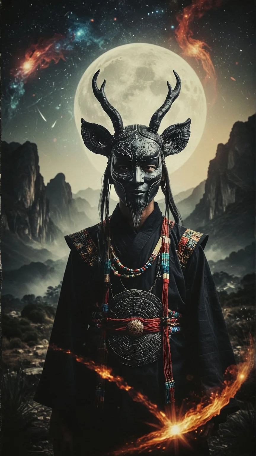 Mixed media, Neo-Fauvism, On pale black paper, A group of ancient chinese figures, headbanded in traditional garb and masks, stand in the middle of an interstellar wormhole, gazing out at the vast expanse of rolling hills. In the distance, a large dragonfly hovers above them, Hipster Art,<lora:CBS_novuschroma37 style_b:0.95> novuschroma37 style,style of experimental photography, light leaks, <lora:aidma-Image Upgrader-v0.1:0.6> detailmaximizer, <lora:aidmaDoubleExposure-v0.1:0.285>, intricate artistic color, elaborate, detailed, ambient, perfect composition, warm light