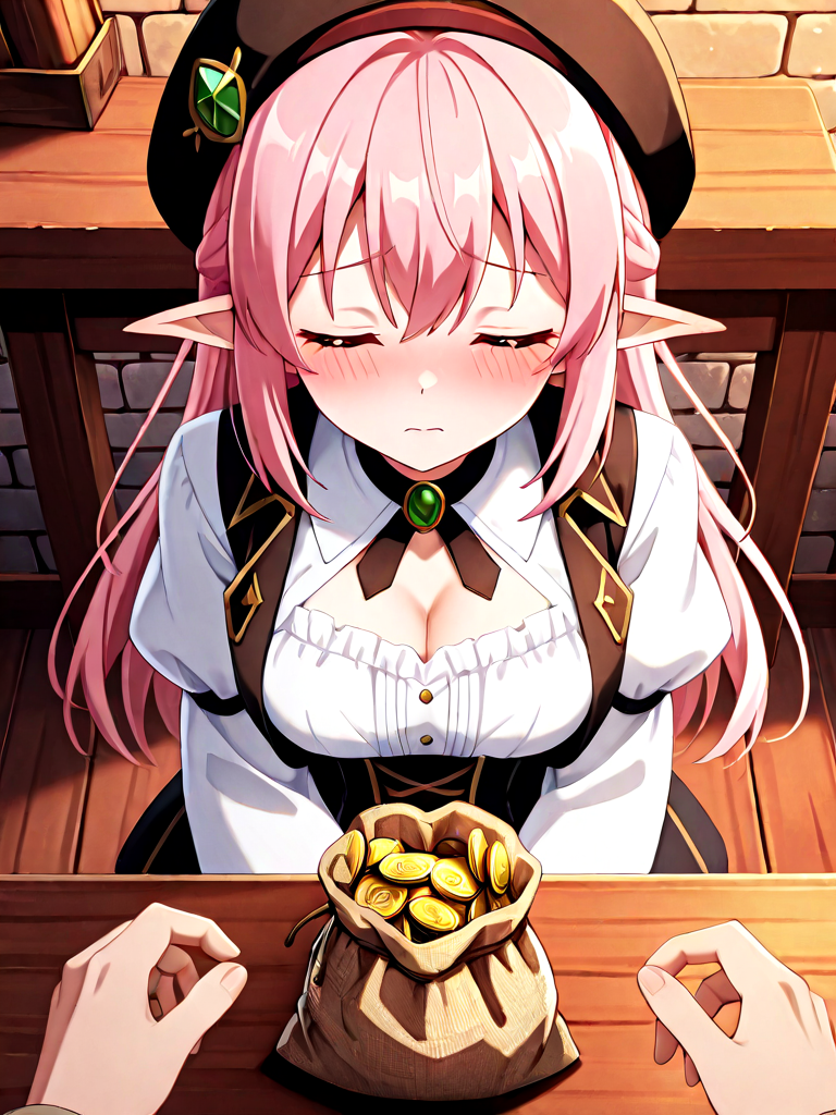 absurdres, explicit, head out of frame, gold coin, burlap bag, bag on table, upper body, 1girl, cleavage, breasts, vest, shirt, jewelry, guild interior, brick wall, indoors, pointy ears, beret, from above, pov, pov hands, closed eyes, shy, blush, <lora:coinbag_ilxl:1>