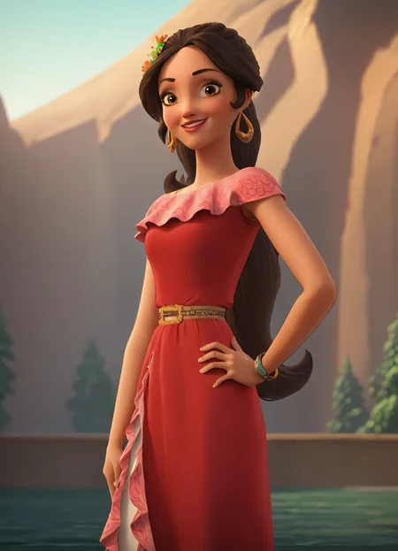<lora:ElenaPony1.0:0.9>1girl, brown hair, solo, long hair, hoop earrings, hair flower, brown eyes, lips, smile, makeup, bracelet, ponytail, score_9, score_8_up, score_7_up, score_6_up, score_5_up, score_4_up, looking at viewer, hand on own hip, cowboy shot,red dress, outdoors,