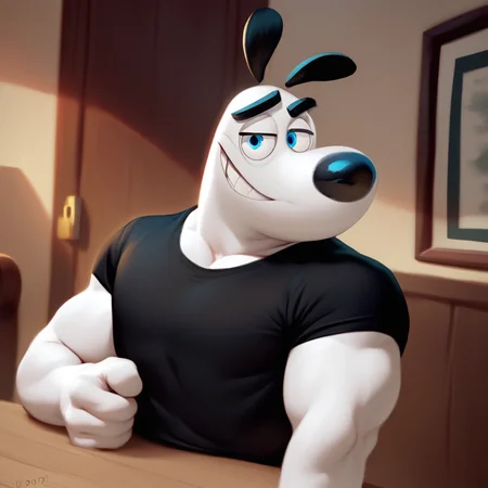 score_9_up, score_8_up, score_7_up, high quality, detailed, source_furry, male, solo male, 1boy, broad shoulders, mature male, blue eyes, athletic build, muscular male, bara, black ears, black eyebrows, animal ears, white body, big eyebrows, black shirt, round snout, bust shot, indoors, looking at viewer, smiling