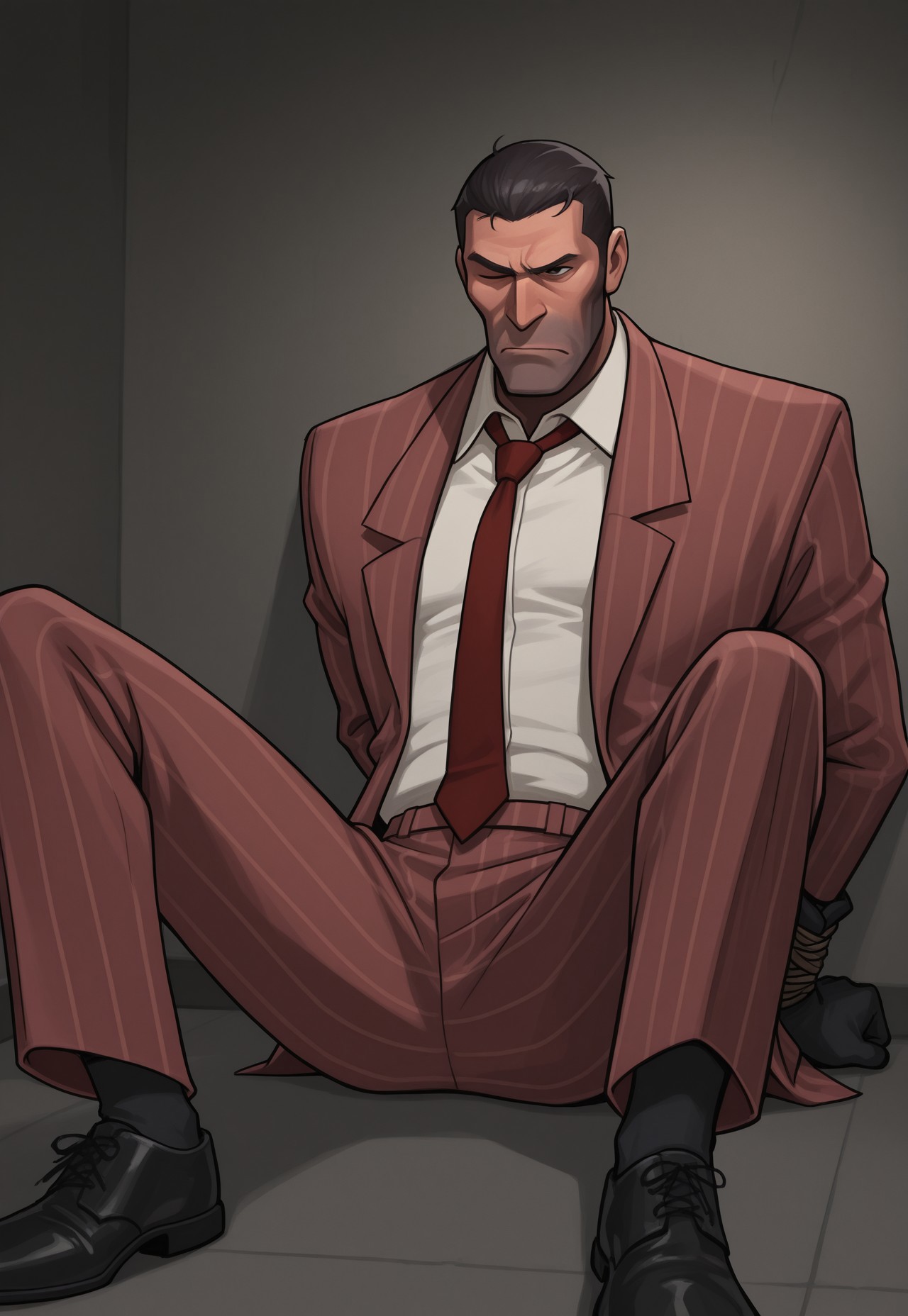 anime, masterpiece, best quality, detailed background, 8k, 1boy, solo, spy (tf2), mature man, black eyes, short hair, black hair, five o'clock shadow, white shirt, red tie, pinstripe suit, red suit, open suit, messy clothes, loose tie, black gloves, pinstripe pants, red pants, black shoes, one eye closed, annoyed, on knees, sitting, hands behind back, hands tied behind back, spreading legs, dark room, staring ahead, pose