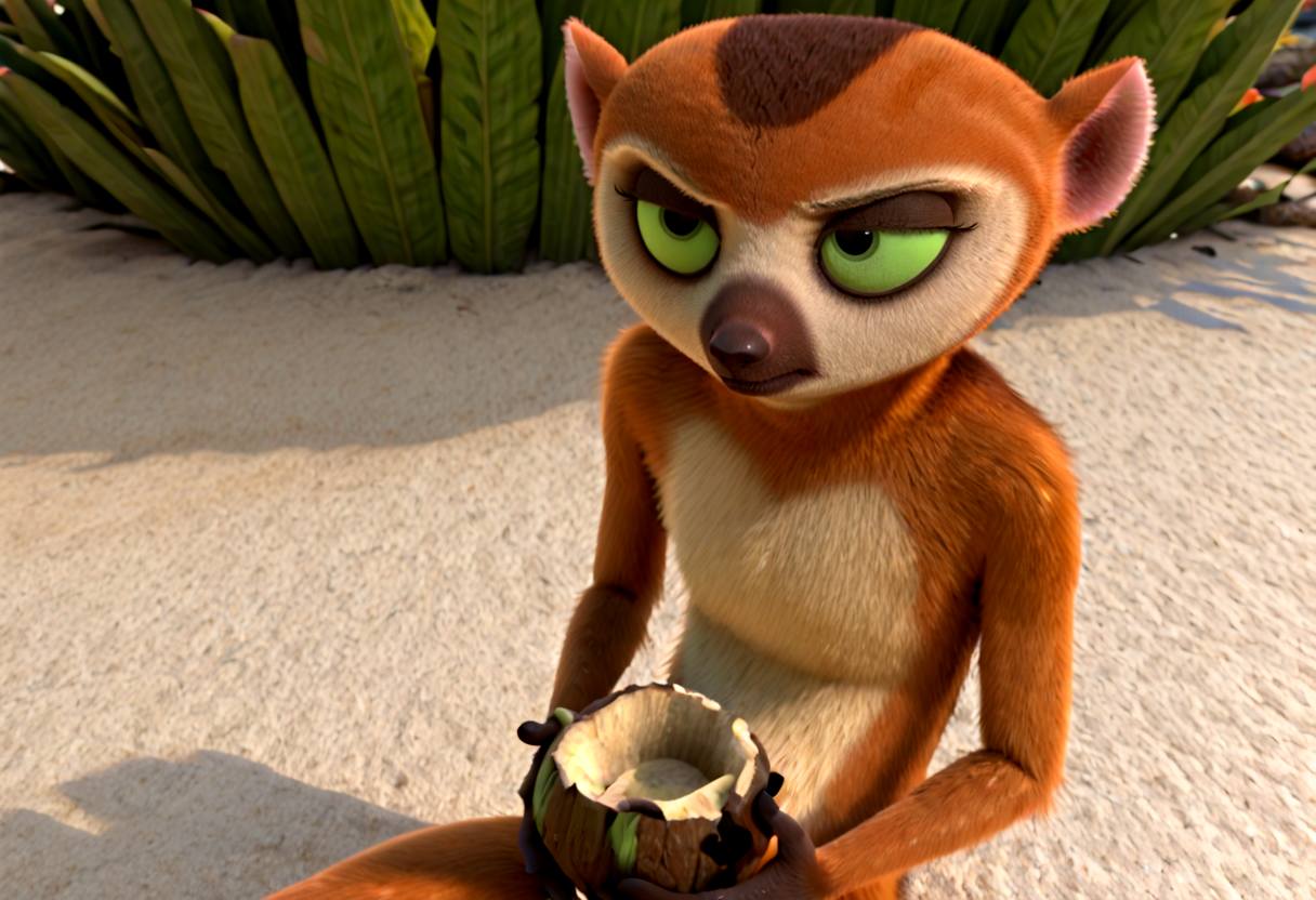 masterpiece, best quality, newest, absurdres, highres, ahkjclower, crowned lemur, solo, semi anthro, bored, sitting, beach, holding coconut_cup, green eyes, green sclera, neutral, closed mouth, rim lighting, <lora:clover_lora:1>  <lora:Real_Pokemon_PDXL:1> <lora:NOOB_vp1_detailer_by_volnovik_v1:1> <lora:noobai_vpred_1_masterpieces_v1:1>