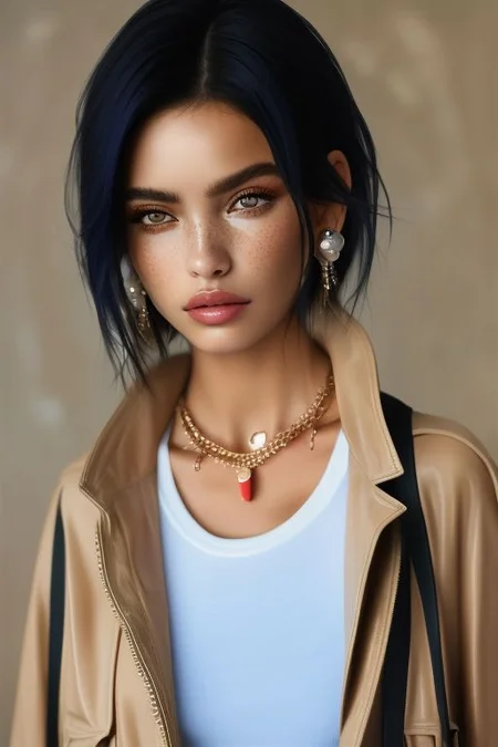 masterpiece, best quality, ultra detailed, perfecteyes eyes, bellissima, 1girl, white top, pants, jacket, Armani style, very short hair, black hair, freckles, earrings, chain necklace, cowboy shot
