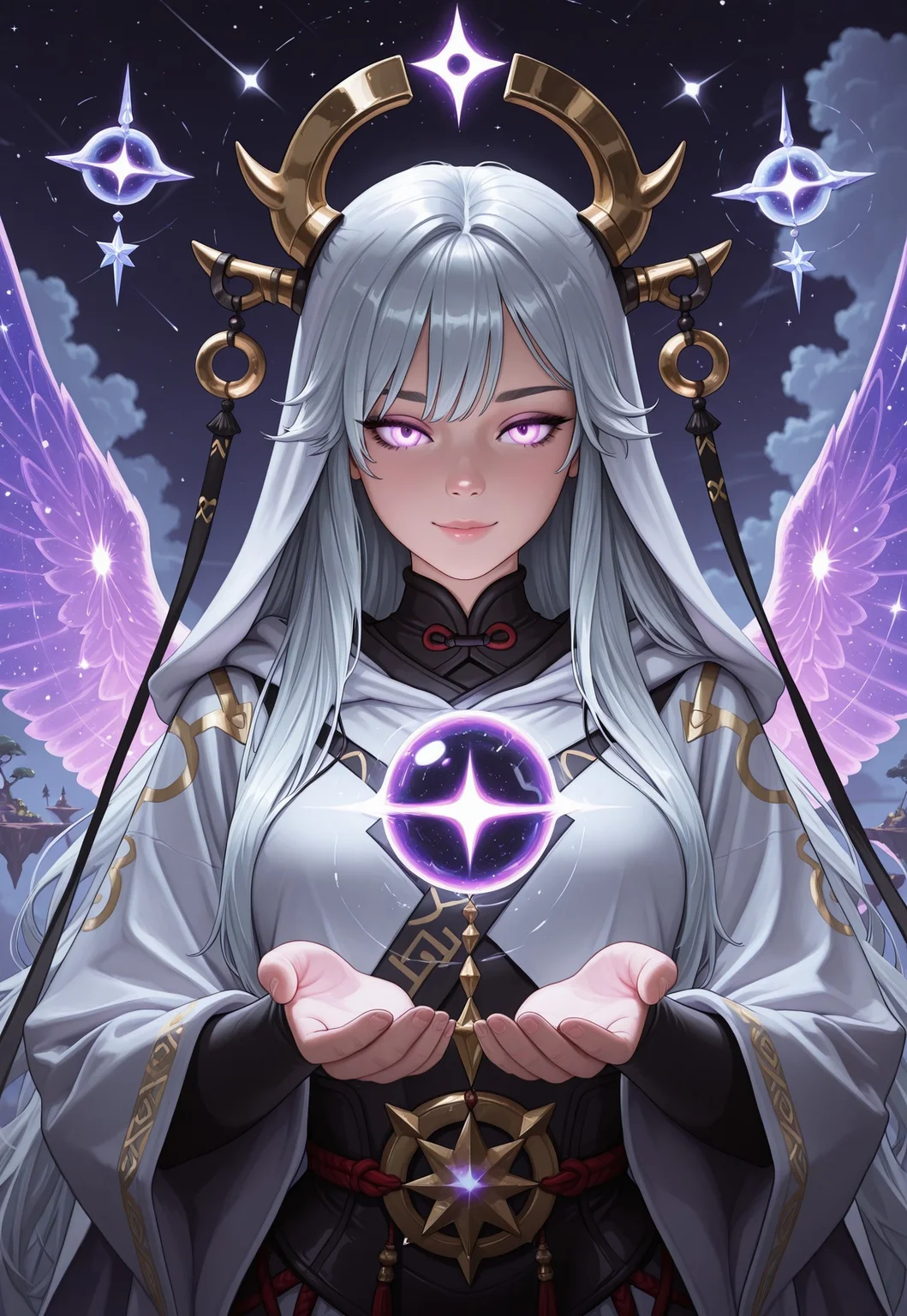 score_9, score_8_up, score_7_up, 1girl, solo, celestial guardian, ethereal robes with shimmering fabric and intricate celestial patterns, radiant staff with a glowing crystal orb at the top and celestial runes along the shaft, flowing silver hair adorned with star-shaped pendants, realistic, cinematic angle, cinematic lighting, graceful body, serene face, glowing violet eyes, protective pose
BREAK
standing on a floating island in the sky
BREAK
source_fantasy_art, rating_explicit, expressive, full body, elegant pose
BREAK
detailed beautiful background, breathtaking skyscape with floating islands and distant clouds, lush gardens with luminescent plants and crystalline formations, celestial creatures such as winged unicorns and star-shaped beings, distant galaxies and constellations, ethereal atmosphere with a sense of wonder and protection
<lora:Expressive_H:0.6>Expressiveh, (SimplepositiveXLv1:1.3), (upper body, full clothed:1.85) ((masterpiece)) (ultra realistic, 32k, masterpiece:1.2), (high detailed skin:1.1), (high quality:1.1) (((full clothed))) <lora:DandonFuga_Style_v.2_-_Pony:0.8>
<lora:add-detail-xl:1>
<lora:Dynamic Poses:1>