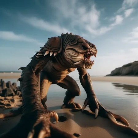 cinematic photo a full body portrait monster, claws, sharp teeth, on the beach <lora:Rancor1024:0.8> . 35mm photograph, film, bokeh, professional, 4k, highly detailed