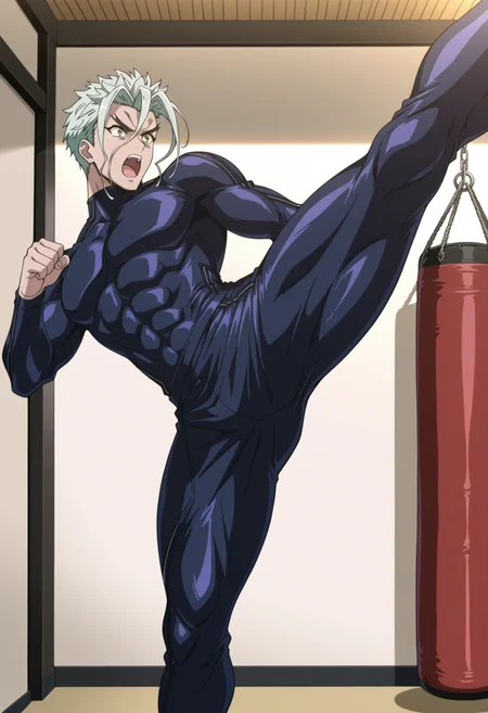 masterpiece, best quality, newest, absurdres, highres, very detailed,
muscular male, 
 dojo, training room, punching bag, kicking, high kick,<lora:[Char - IL] Tenjou Tenge - Mitsuomi Takayanagi (v1-R2-E16):0.8> mitsuomi_takayanagi, bodysuit, YELLOW eyes, WHITE hair,