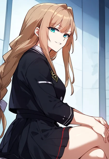 zPDXL3, score_9_up, score_8_up, score_7_up, (Anime_source), 1girl, RinHoshigane, blue eyes, light brown hair, long hair, singe braid, Rin school uniform, sitting, from side, crossed leg, cowboy shot, looking at viewer, smile, parted lips
