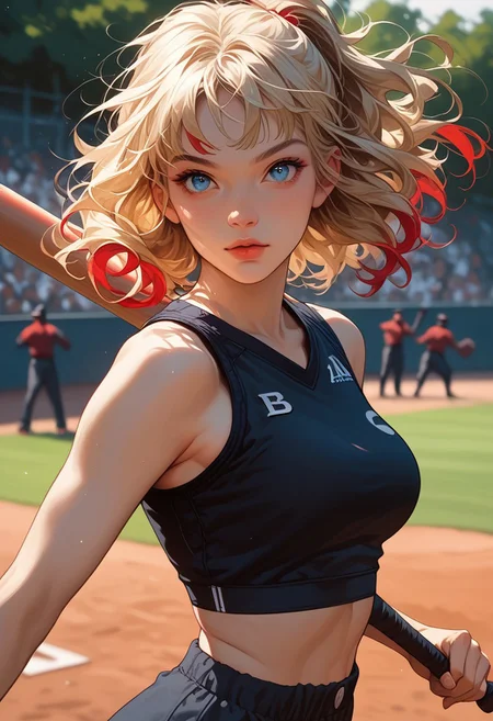 score_9, score_8_up, score_7_up, score_6_up, 1girl , (score_9, score_8_up:1.1), score_7_up,
multicolored hair, medium length hair, pigtail, blond hair, red streaks, more red streaks, wavy hair, bangs, hair tie, blue eyes, almond shaped eyes, dark skin, medium breasts, detailed background,  cute face,  dynamic pose, perfect face, blond pubic hair,
crop top, sports bra, sportswear, swinging a baseball bat, outdoors, looking at viewer, cowboy shot,