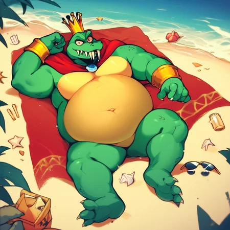 score_9, score_8_up, score_7_up, score_6_up, score_5_up, score_4_up, kingkrool, crocodile, green skin, reptile, red cape, crown, gold bracelets, scales, bloodshot eye, fat, obese, yellow belly, outie navel, spiky teeth, three toes, outside, beach background, beach scenery, water, relaxing, laying down, looking at viewer, sunglasses, barefoot,