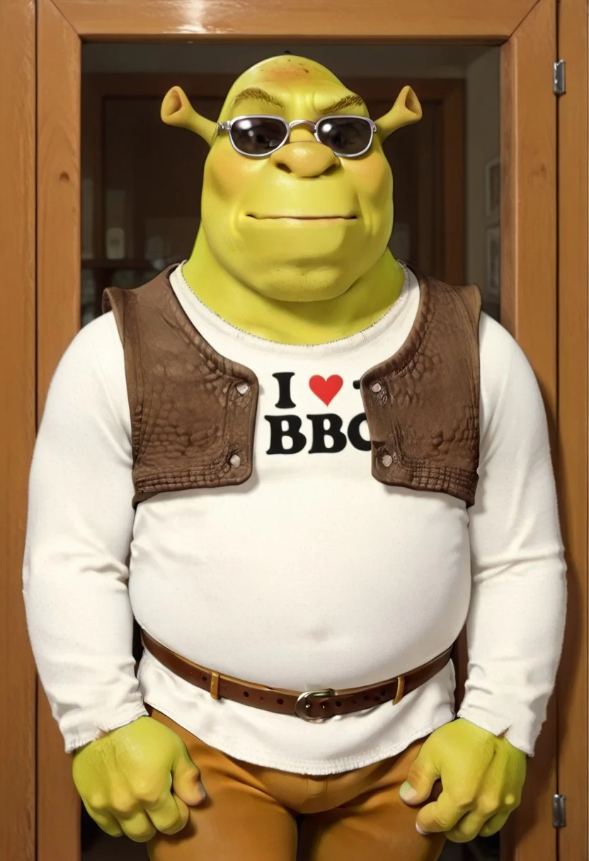 masterpiece, best quality, amazing quality,
1 male, solo, shrek, bald, green skin, brown vest, white shirt, brown belt, pants, sunglasses, bbcshirt, bbc text on shirt