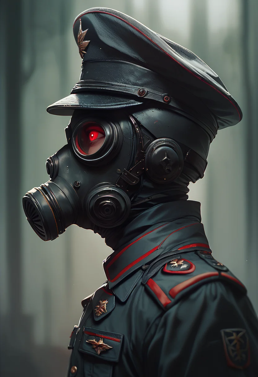 (score_9, score_8_up), score_7_up, red eyes, hat, upper body, blurry, uniform, from side, military, military uniform, profile, mask, helmet, peaked cap, one-eyed, gas mask
<lora:Gas_mask-000009:0.7>