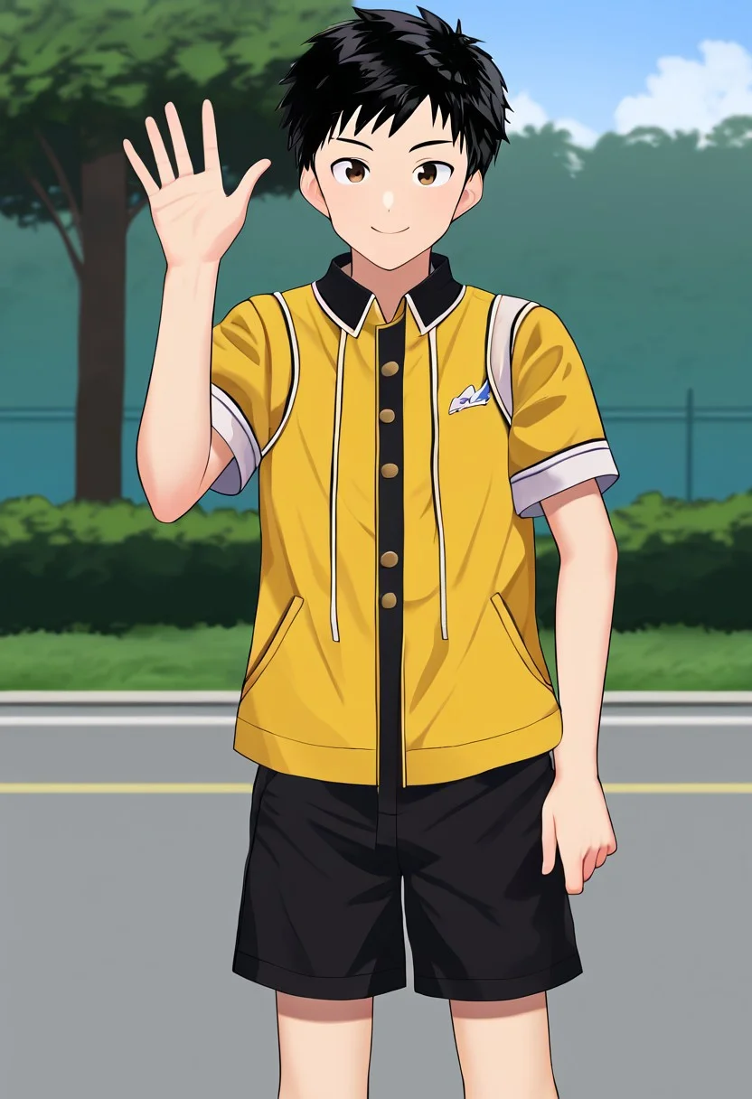 harmard, black hair, short hair, brown eyes, 1boy, solo, solo focus, wear open clothes, short sleeve, yellow colour clothes, crop clothes, wear black shorts, outdoor setting, right hand waving gesture, handfixer