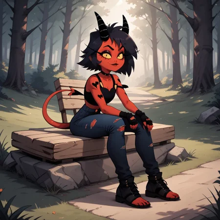 score_9, score_8, BREAK, solo, Millie_(Helluva_Boss), Imp, red skin, devilish tail, white striped black horns, bangs, yellow sclera, black hair, short hair, black heart tattoo, black choker, black crop top, navel, yellow buttons, black fingerless gloves, black torn denim pants, black toeless footwear, barefoot, self portrait, smile, looking at viewer, outdoors, sunlight, shadows, evening lighting, natural lighting, forest, trees, grass, orange sky, sunset