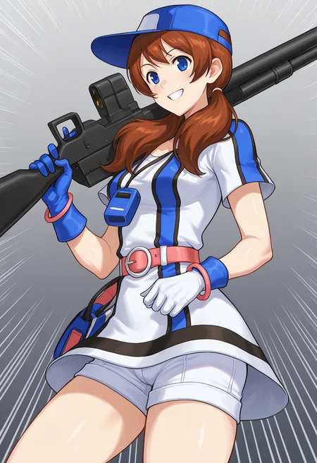 masterpiece, best quality, ultra-detailed, absurdres, newest, 1girl, solo, aingbc, brown hair, long hair, low twintails, blue eyes, baseball cap, multicolored dress, short sleeves, neo geo pocket color necklace, blue gloves, white gloves, bracelet, belt, white shorts under dress, holding rifle, grin, confident smile, emphasis lines,