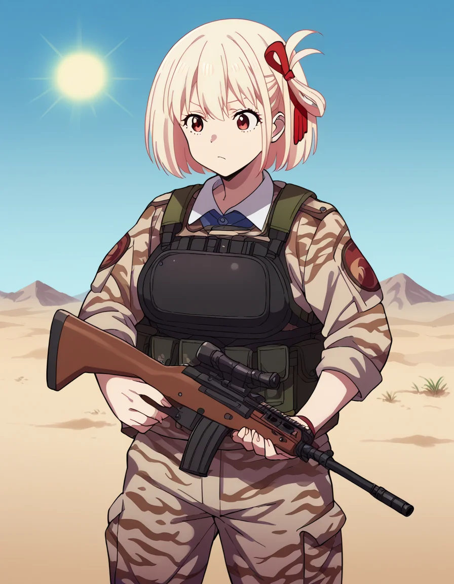 score_9, score_8_up, score_7_up, source_anime, chisatonishikigi, <lora:chisato-nishikigi-s1-ponyxl-lora-nochekaiser:1>, chisato nishikigi, short hair, bangs, blonde hair, red eyes, hair ribbon, one side up, bob cut, large breasts,, <lora:military-combat-uniform-ponyxl-lora-nochekaiser:1> military combat uniform, camouflage jacket, camouflage, load bearing best, camouflage pants, soldier, bulletproof vest, combat helmet, assault rifle, rifle,, desert, sun, blue sky,, cowboy shot,