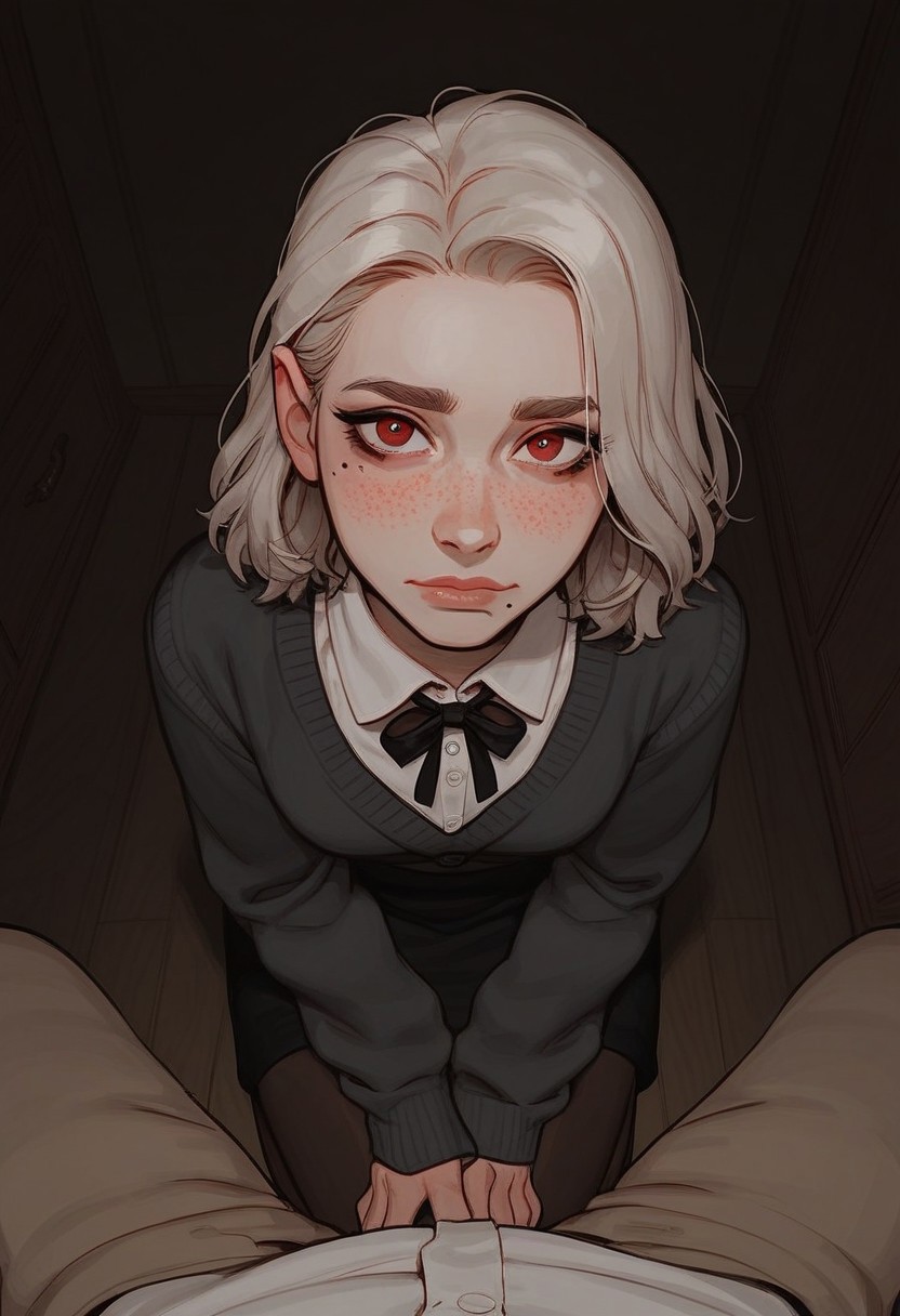 score_9, score_8_up, score_7_up, score_6_up, 1 gorgeous girl), beautiful face, soft expression, yandere expression, shy expression, platinum blonde bob hair, innocent face, shy, cute face, petite, skinny, dark red eyes, medium length bob hair, cardigan, skirt, stockings, forehead, dark storage room, kneeling on floor, interior, freckles, beauty mark, mole, avoiding eye contact, POV from above, dark, pitch black room, inside closet, inside storage room, high contrast, darkness background, shadows