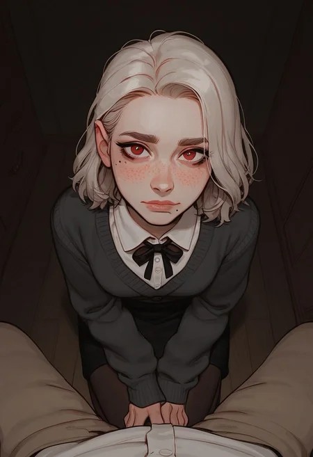 score_9, score_8_up, score_7_up, score_6_up, 1 gorgeous girl), beautiful face, soft expression, yandere expression, shy expression, platinum blonde bob hair, innocent face, shy, cute face, petite, skinny, dark red eyes, medium length bob hair, cardigan, skirt, stockings, forehead, dark storage room, kneeling on floor, interior, freckles, beauty mark, mole, avoiding eye contact, POV from above, dark, pitch black room, inside closet, inside storage room, high contrast, darkness background, shadows