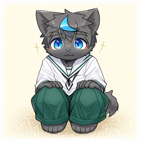 score_9, score_8_up, male focus, solo, full body, digital art, highly detailed, cat, green trousers, white shirt, school uniform, male school uniform, high school uniform, blue eyes, black fur, black body, furry, kemono, cute, anthro, zPDXL2, lv1rubili