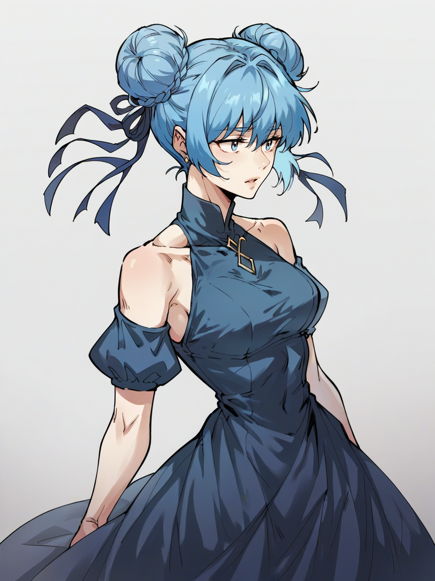 score_9, score_8_up, score_7_up, score_6_up, score_5_up, wthi, 1girl, blue hair, double bun, velvet dress,  <lora:wthiXLP2:0.8>