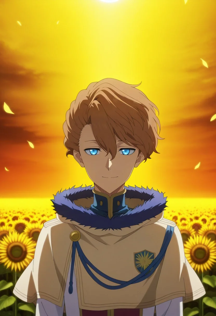 masterpiece, best quality, , anime screencap, anime coloring, , looking at viewer, 1boy, solo, male focus, <lora:langris_vaude_ilxl:0.94>, langris_vaude, brown hair, blue eyes, short hair, hair between eyes, fur trim, sunflower field, golden blossoms, wide paths, glowing horizon, strolling pose, joyful expression, late afternoon warmth,