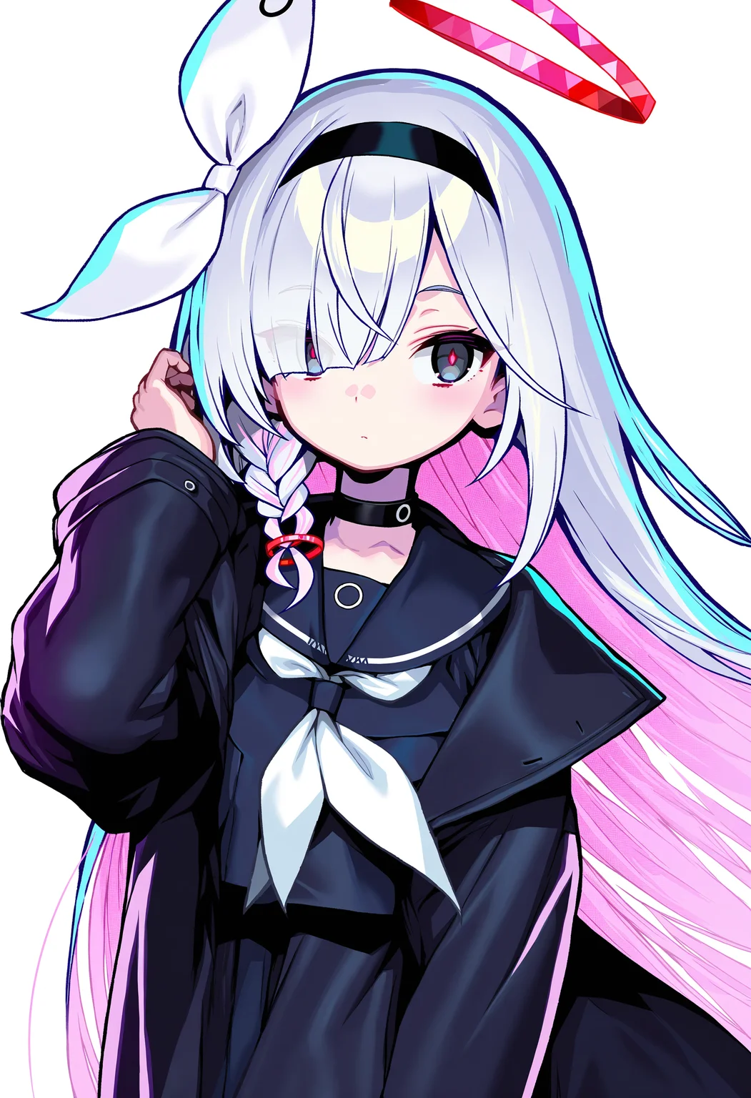 masterpiece, best quality, good quality, very awa, very aesthetic, absurdres, newest,onono imoko,plana \(blue archive\),1girl, black choker, black coat, black eyes, black hairband, black sailor collar, black serafuku, choker, coat, colored inner hair, eyes visible through hair, hair over one eye, hairband, halo, long hair, long sleeves, looking to the side, multicolored hair, neckerchief, pink hair, red halo, red pupils, sailor collar, school uniform,solo, very long hair,white hair, white neckerchief,close-up,white background, expressionless, closed mouth, wind,adjusting hair, upper body, from side,
,<lora:dohna_dohna:0.5>
