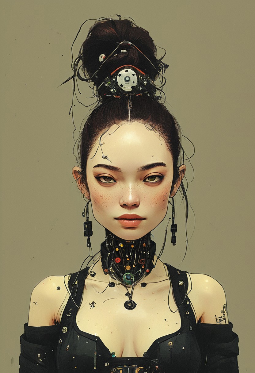 Create a extrahart, brave perspective, mystical, and high-resolution image of an busty female anthropomorphic a humanoid robot with intricate mechanical components named smiling beauty resembling a wu-tang Clan member with outworn translucent white linen cape. The character should be depicted in a manga cover style with wealthy portraiture and poster art elements. The image should feature rich colors and high contrast, focusing on the best quality, official art, and a beautiful and aesthetic appearance. wired-cyborg, upper body shot, a beautiful blushed smiling woman with hairbun, half the face is made of wires and cables and translucent hoses. Use a movie perspective and an advertising style, similar to a magazine cover. the busty samurai should be shown solo, wearing Japanese clothes and armor, holding a sheathed katana, and standing in a cowboy shot pose. The robot should have neon green and yellow hip-hop clothes, tattoos, muscular abs, shoulder armor, and a metallic blue flowers in the background. Emphasize a samurai theme with a red background and starwars elements.