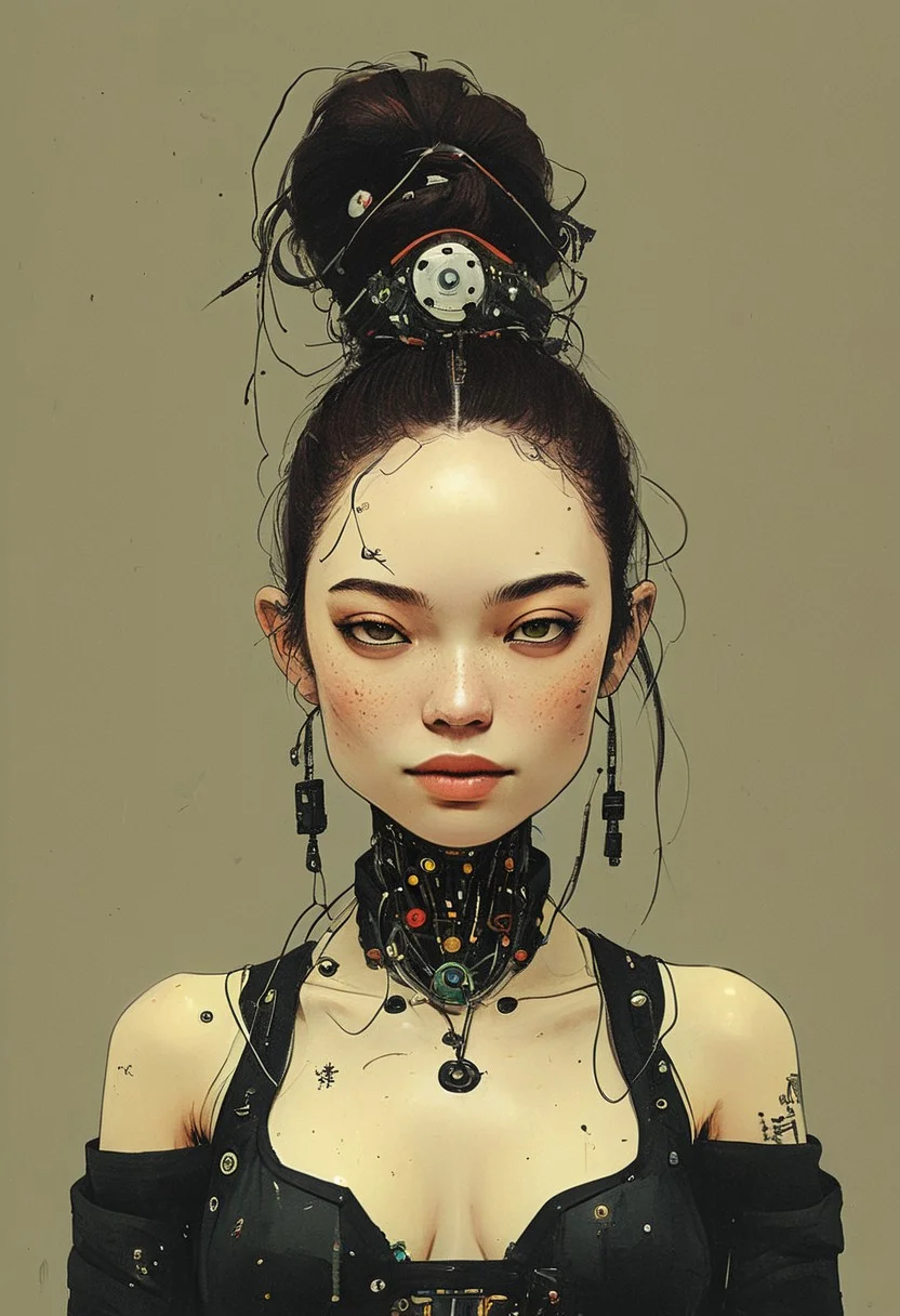 Create a extrahart, brave perspective, mystical, and high-resolution image of an busty female anthropomorphic a humanoid robot with intricate mechanical components named smiling beauty resembling a wu-tang Clan member with outworn translucent white linen cape. The character should be depicted in a manga cover style with wealthy portraiture and poster art elements. The image should feature rich colors and high contrast, focusing on the best quality, official art, and a beautiful and aesthetic appearance. wired-cyborg, upper body shot, a beautiful blushed smiling woman with hairbun, half the face is made of wires and cables and translucent hoses. Use a movie perspective and an advertising style, similar to a magazine cover. the busty samurai should be shown solo, wearing Japanese clothes and armor, holding a sheathed katana, and standing in a cowboy shot pose. The robot should have neon green and yellow hip-hop clothes, tattoos, muscular abs, shoulder armor, and a metallic blue flowers in the background. Emphasize a samurai theme with a red background and starwars elements.