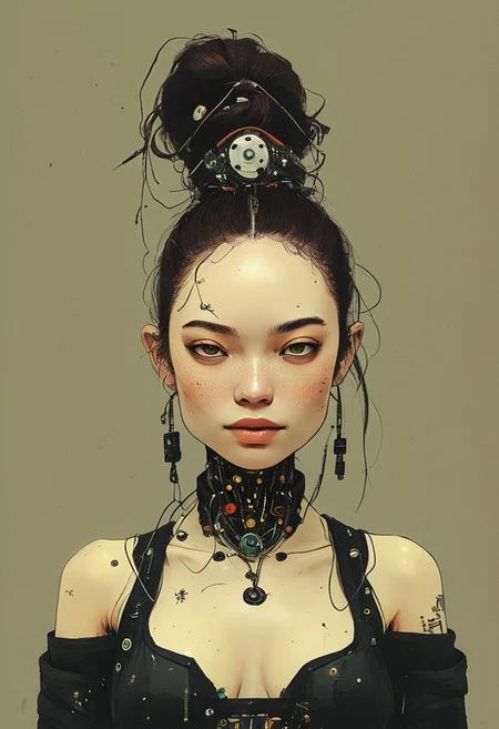 Create a extrahart, brave perspective, mystical, and high-resolution image of an busty female anthropomorphic a humanoid robot with intricate mechanical components named smiling beauty resembling a wu-tang Clan member with outworn translucent white linen cape. The character should be depicted in a manga cover style with wealthy portraiture and poster art elements. The image should feature rich colors and high contrast, focusing on the best quality, official art, and a beautiful and aesthetic appearance. wired-cyborg, upper body shot, a beautiful blushed smiling woman with hairbun, half the face is made of wires and cables and translucent hoses. Use a movie perspective and an advertising style, similar to a magazine cover. the busty samurai should be shown solo, wearing Japanese clothes and armor, holding a sheathed katana, and standing in a cowboy shot pose. The robot should have neon green and yellow hip-hop clothes, tattoos, muscular abs, shoulder armor, and a metallic blue flowers in the background. Emphasize a samurai theme with a red background and starwars elements.