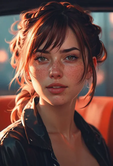 style by Ilya Kuvshinov best quality image of a hell-atmosphere, phenomenal playful shadows,amazing realistic light from above,majestic-braided hair,mesmerise-naughty,light-freckles-sunburned-face,party-makeup,tattoo,breathtaking crispy-detailed, thick-lips, realistic-eye,unscrupulous-smile  aesthetic joyful souleater1phantom in a casting seat