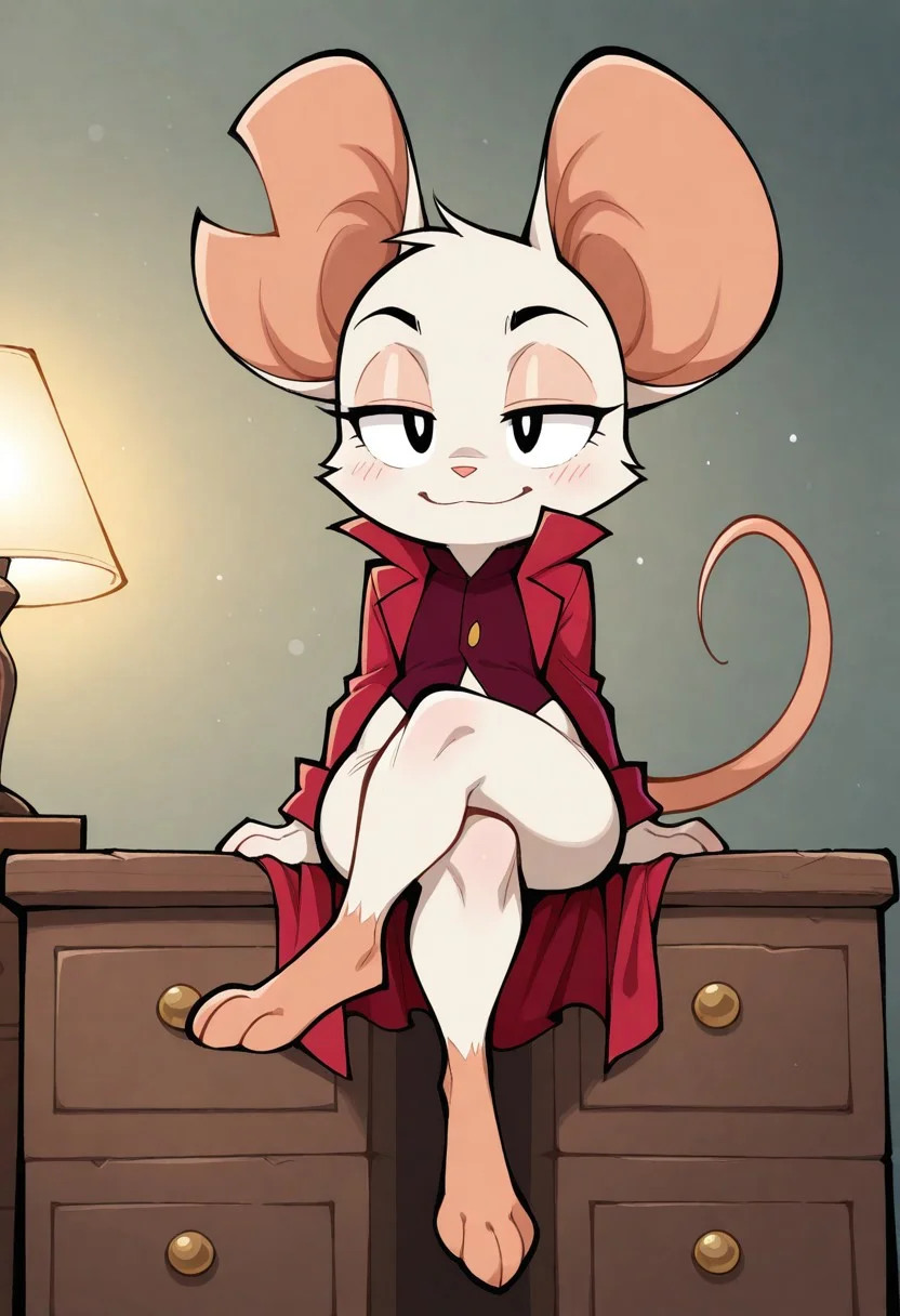 absurdres, masterpiece, best quality, amazing quality, by abesdrawings, traditional artwork,
1girl, solo, bedroom,
MinaTheHollower, anthro mouse, white fur, black eyes, notched ear, furry, female, flat-chested, shortstack, digitigrade, fur tuft, smile, minature girl, half-closed eyes, sitting on drawers, crossing legs, red coat, dark shirt, open coat, buttoned shirt, bottomless