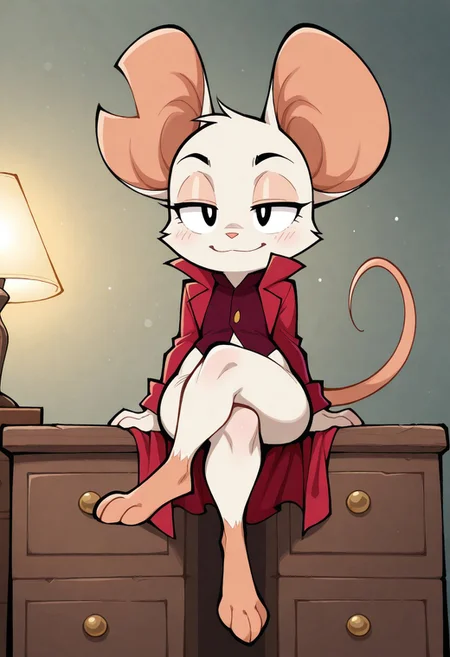 absurdres, masterpiece, best quality, amazing quality, by abesdrawings, traditional artwork,
1girl, solo, bedroom,
MinaTheHollower, anthro mouse, white fur, black eyes, notched ear, furry, female, flat-chested, shortstack, digitigrade, fur tuft, smile, minature girl, half-closed eyes, sitting on drawers, crossing legs, red coat, dark shirt, open coat, buttoned shirt, bottomless