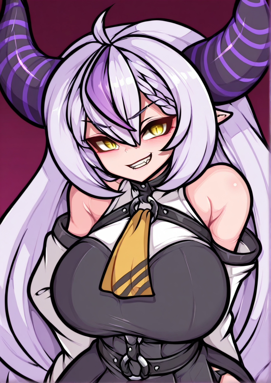 <lora:fanman415:1.2>,1girl, la+ darknesss, la+ darknesss (1st costume), huge breasts, ahoge, bare shoulders, black dress, black horns, braid, braided bangs, chest harness, demon girl, demon horns, detached sleeves, dress, grey hair, grin, hair between eyes, harness, horns, long hair, long sleeves, looking at viewer, multicolored hair, neckerchief, pointy ears, purple hair, side slit, slit pupils, smile, solo, streaked hair, striped horns, tail, very long hair, white sleeves, yellow eyes, yellow neckerchief,
