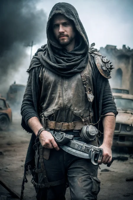 RAW photo, (masterpiece:1.3), subsurface scattering, heavy shadow, (high quality:1.4), (intricate, high detail:1.2), professional photography, HDR, High Dynamic Range, realistic, ultra realistic, photorealistic, high resolution, film photography, ambient lighting, atmospheric effects, OverallDetail, blurry background, chain, cloak, facial hair, handgun, holding axe, knife, leather, building, vehicle, fire, wasteland, outdoors, solo, wasar, style of Mad Max, style of Fallout, epiCPhoto
<lora:WastelandArmor-10:0.75>, <lora:Wasteland-10:0.6>  <lora:add_detail:1>