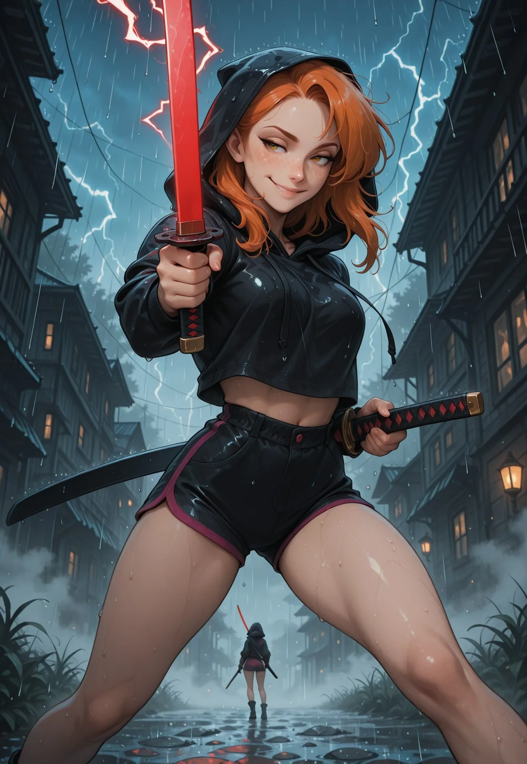 score_9, score_8_up, score_7_up, score_6_up, score_5_up, score_4_up, masterpiece, best quality, absurdres, 4k, 8k, intricate details, Chiaroscuro Lighting, cute, sexy,1girl, ginger, freckles, detailed eyes, HDeyes, perfecteyes, eyesHD, sexy eyes, bedroom eyes, expressiveH serious look, smirk, foreshortening, side view, zicovergirl, legs apart, pale white skin, hood, holding katana, seductive smile, outdoors, rain, fog, blue sky, red lightning, backlighting, neon black abstract background, light particles, glowing, dynamic pose, close-up, lazypos <lora:Zikickix_Cover_Girl:1>