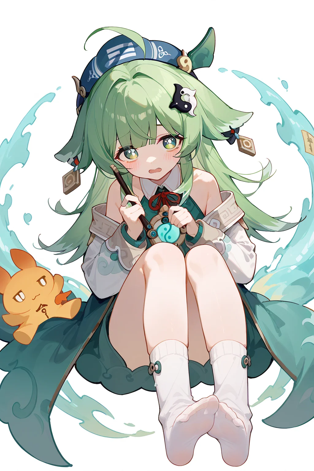 (score_9,score_8_up,score_7_up),<lora:HuoHuo(Honkai Star Rail)-v1-000006:0.8>,HuoHuo(Honkai: Star Rail),1girl,green eyes,green hair,solo,long hair,socks,white background,ahoge,blue headwear,animal ears,no shoes,hat,looking at viewer,holding,open mouth,hair ornament,white socks,ribbon,neck ribbon,blush,bangs,long sleeves,dress,red ribbon,feet,full body,bare shoulders,gohei,
good feet,anime,NSFW,expressive,amazing quality,ultra hd 32k,