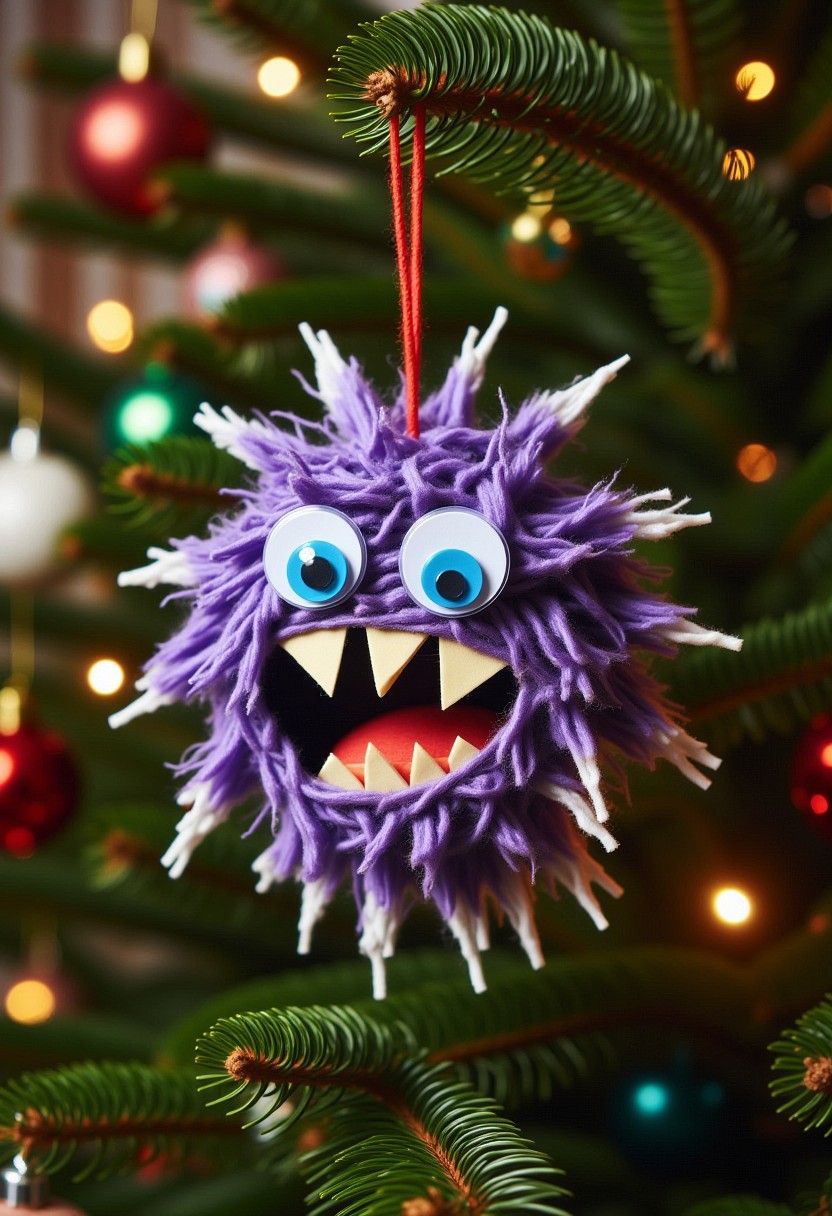 Photograph of a festive, whimsical, handmade Christmas decoration in the form of a frightening monster, created using basic crafting supplies, hanging on a Christmas tree.
