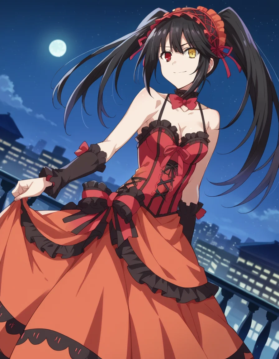 score_9, score_8_up, score_7_up, source_anime, 
kurumitokisaki, <lora:kurumi-tokisaki-ponyxl-lora-nochekaiser:1>, 
kurumi tokisaki astral dress, long hair, black hair, red eyes, twintails, yellow eyes, hairband, heterochromia, smile, dress, red dress, bare shoulders, collarbone, choker, bowtie, red bowtie, detached sleeves, corset, frills, 
outdoors, cityscape, night sky, starry sky, moon,
looking at viewer, cowboy shot, dutch angle,