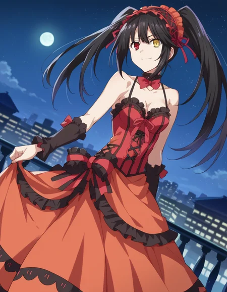 score_9, score_8_up, score_7_up, source_anime,
kurumitokisaki, <lora:kurumi-tokisaki-ponyxl-lora-nochekaiser:1>,
kurumi tokisaki astral dress, long hair, black hair, red eyes, twintails, yellow eyes, hairband, heterochromia, smile, dress, red dress, bare shoulders, collarbone, choker, bowtie, red bowtie, detached sleeves, corset, frills,
outdoors, cityscape, night sky, starry sky, moon,
looking at viewer, cowboy shot, dutch angle,