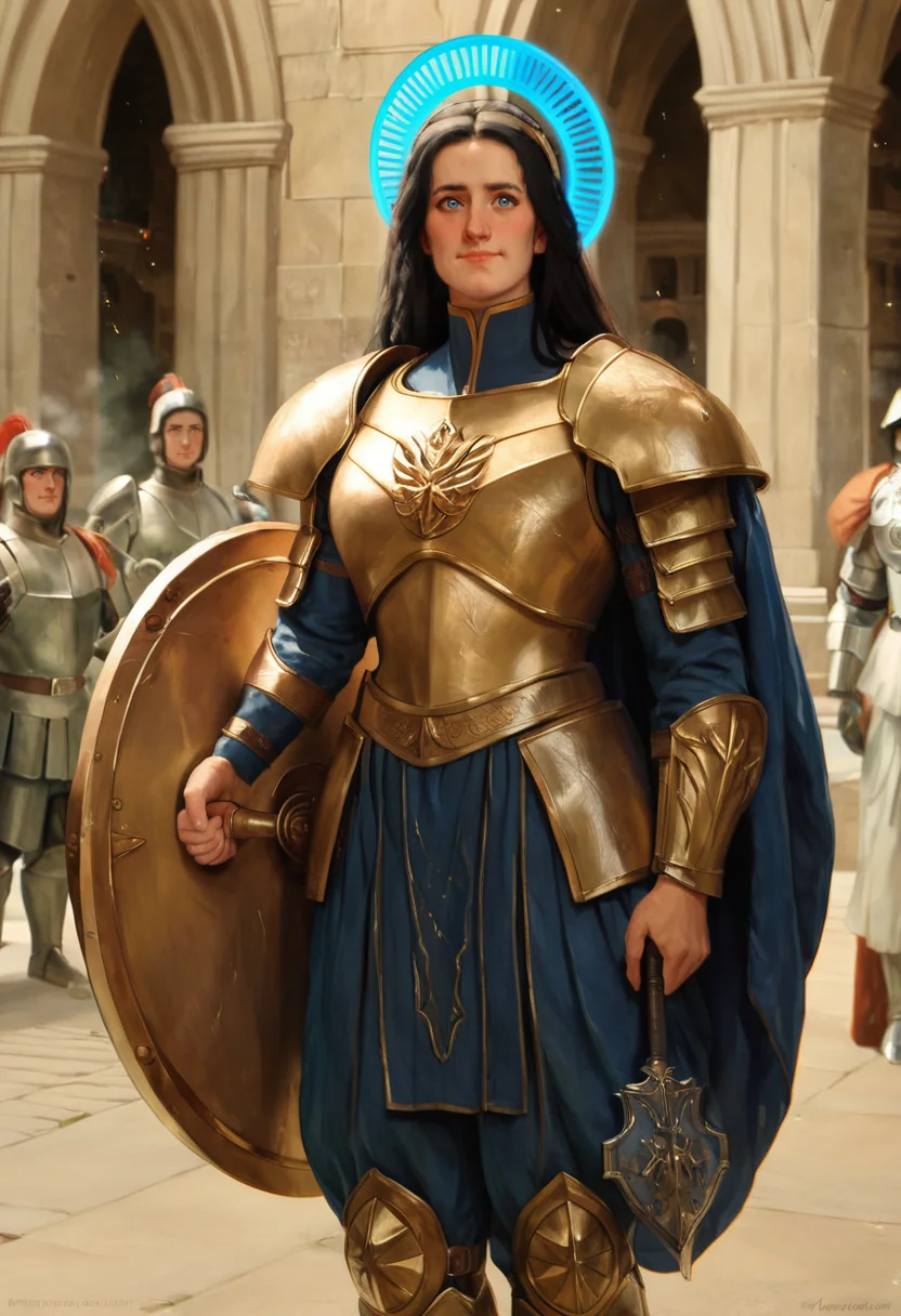 score_9, score_8_up, score_7_up, score_6_up, BREAK
a gorgeous woman: long black hair, intricate armor, blue eyes, wearing blue armor, brave, with blue halo, large blue crown, defender, protector, holding a shield, humble expression, shy smile, cinematic lighting, battlefield, curvy, <lora:PulenKompot-John Collier Style-PonyXL:1> collier