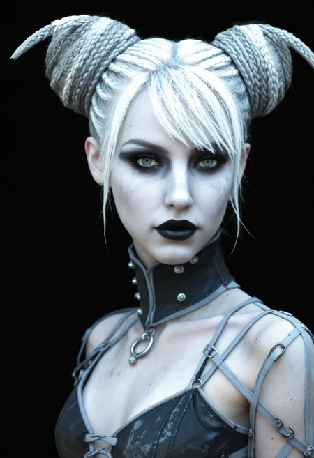 1girl evegw, (vogue cover:1.2), editorial photography, white hair, double buns hairstyle, grey skin, pale, makeup, (smile:0.65) <lora:p_EveGW_byKonan> <lora:xl_cucoloris_style v2> <lora:xl_spo_sdxl_10ep_4k-data_lora_webui> <lora:xl_matte_black_V3>