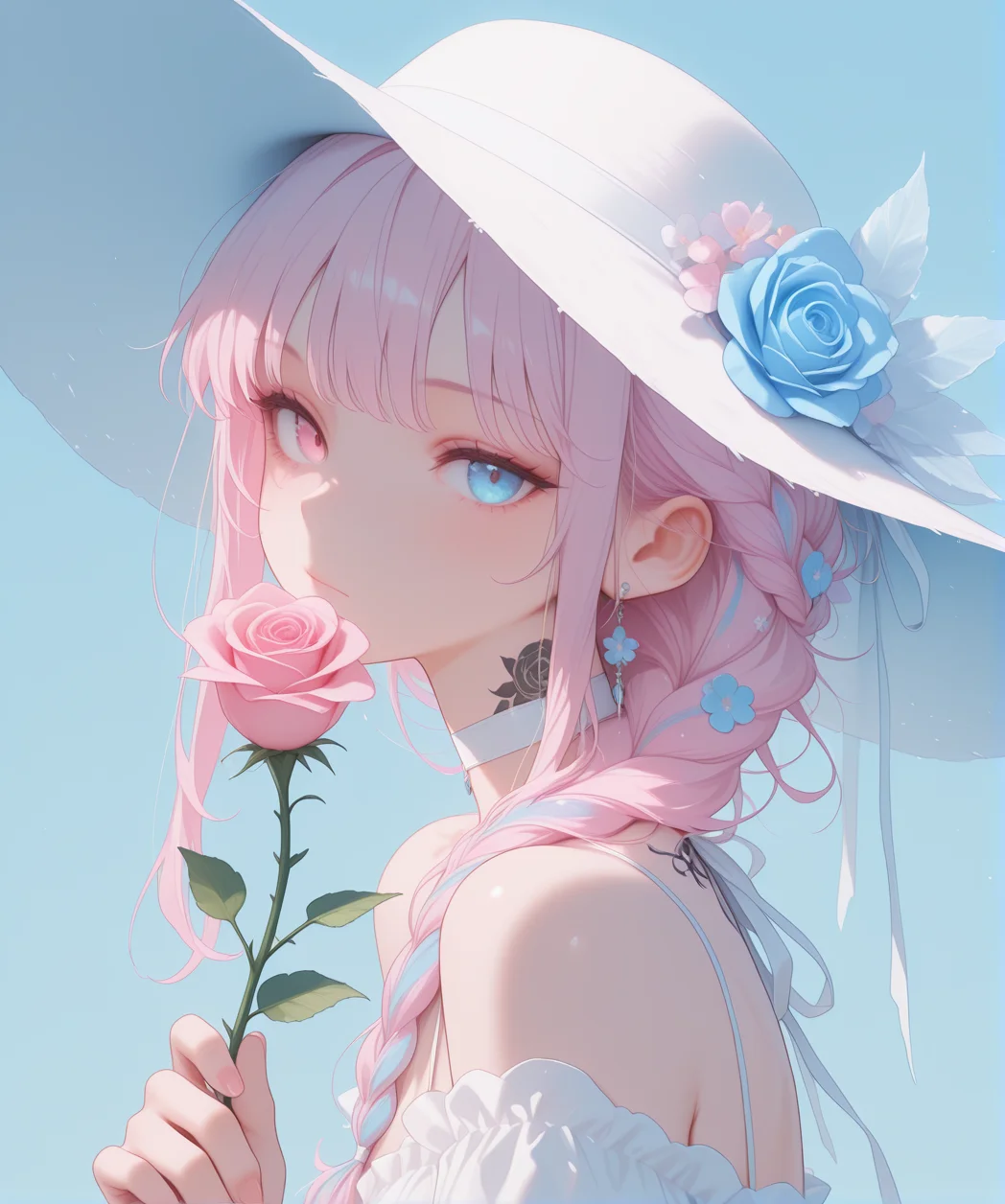 masterpiece, best quality, 1girl, hat, flower, holding, earrings, dress, braid, blue flower, tattoo, multicolored hair, blue eyes, pink hair, rose, looking at viewer, sun hat, white dress, holding flower, choker, blue background, yellow flower, pink eyes, bare shoulders, neck tattoo, heterochromia, pink flower, bangs, closed mouth, long hair, <lora:style01:1.5>, upd25