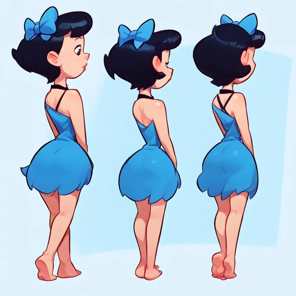 score_9, score_8_up, score_7_up, source cartoon, 1girl, solo, Betty Rubble, black hair, blue dress, short hair, hair bow, black eyes, bare feet 
ass view, multiple views, full body