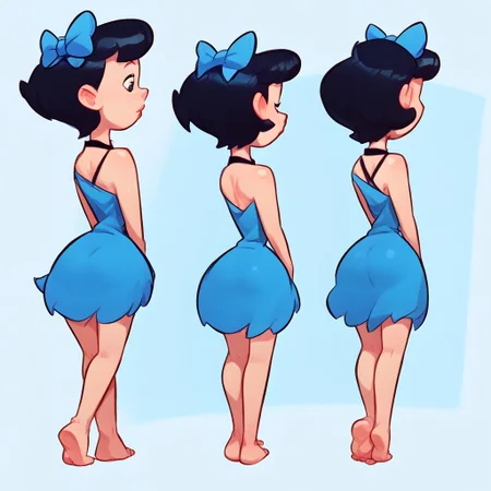 score_9, score_8_up, score_7_up, source cartoon, 1girl, solo, Betty Rubble, black hair, blue dress, short hair, hair bow, black eyes, bare feet
ass view, multiple views, full body