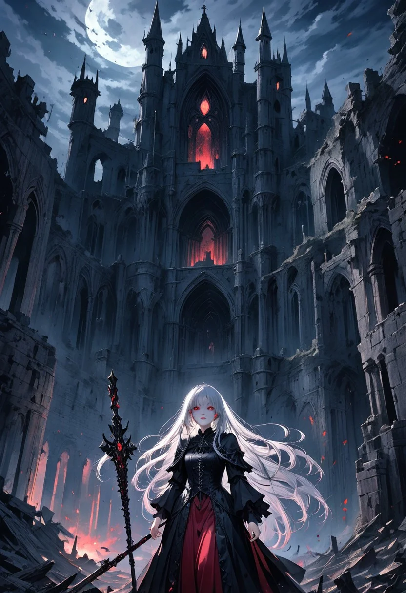 1girl, dark fantasy setting, long flowing silver hair, glowing red eyes, wearing a tattered gothic dress with intricate lace, black wings, holding a magical staff emitting dark aura, standing in a ruined castle lit by moonlight, atmospheric lighting, high detail, hyperrealistic anime style, inspired by 90s anime art of Sinozick.