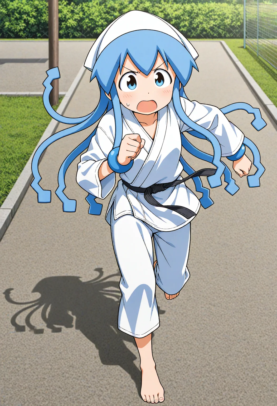 1girl, solo,<lora:ikmsm_illustrious_v7:0.9> ikmsm, ikamusume, karate gi, barefoot,
v-shaped eyebrows, open mouth, sweatdrop,
outdoors, running on schoolyard, full body,
general, masterpiece, best quality, very aesthetic, absurdres, anime coloring,, <lora:dmd2_sdxl_4step:1>